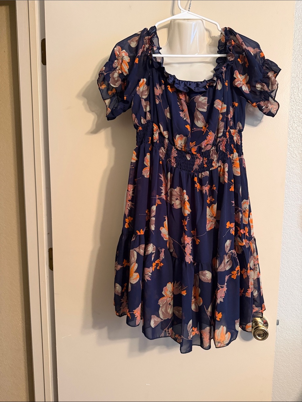 Navy Floral Puff-Sleeve Smocked-Waist Casual Dress